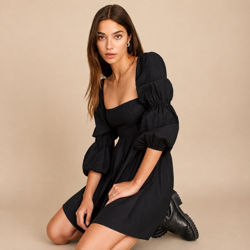 Reformation Black Smocked Puff Sleeve Mini Dress Ric Rac Trim Size 2